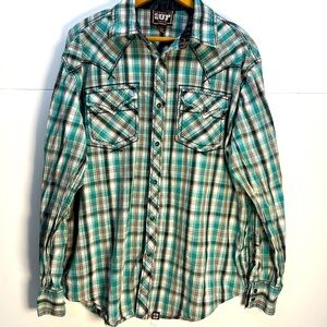 1843 Cowboy Up Vtg Mens Pearl Snap Western Blue Embroidered Button Up Shirt Sz L